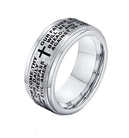 Cross Fidget Anxiety Worry Spinner Rings Stainless Steel I Can Do Bible Prayer Amen High Polished Bands Silver, Size 6 - color: our father,silver