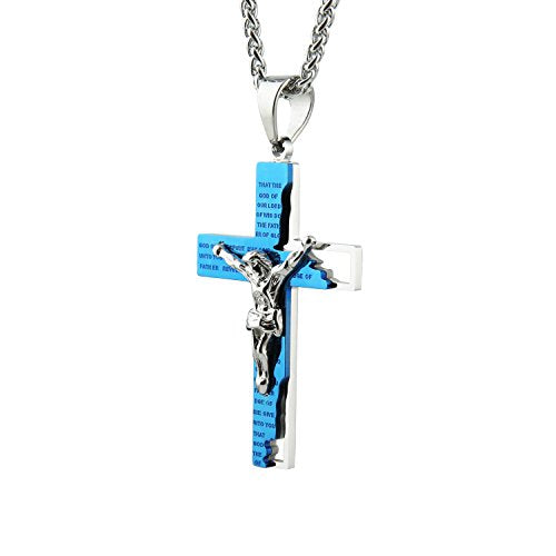 HZMAN Men's Stainless Steel Cross Crucifix Bible Prayer Pendant Necklace - color: Blue