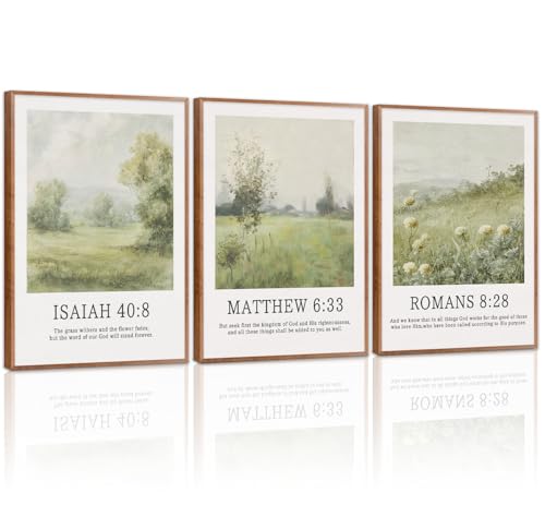LHIUEM Hide Landscape Flowers Scripture Wall Art Christian Vintage Framed Wall Decor Set of 3(12”X16”) Bible Verses Jesus Green Prints Bible Verse Canvas Over Bed Artworks for Bedroom Prayer Room - color: Christian 3