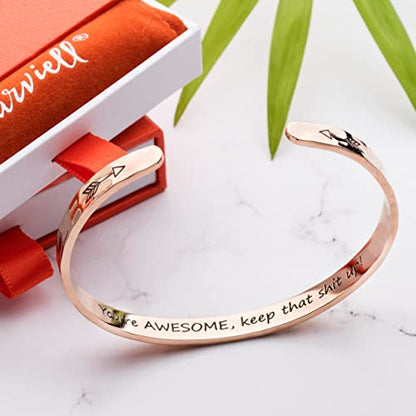Carviell Bracelets for Women – 100+ Meaningful Engraved Messages – Solid 316L Surgical Stainless Steel Cuff Bracelet – Gift Ready - color: CONFIDENCE Gift - You're AWESOME, keep that sh*t up! - ROSE GOLD