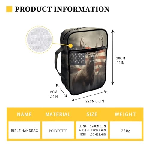 Suobstales American Flag Deer Print Bible Cover Portable Carrying Book Case Multi-Functional Bible Case Bible Organizer Case with Handle and Zippered Back Pocket - color: American Flag Deer 2