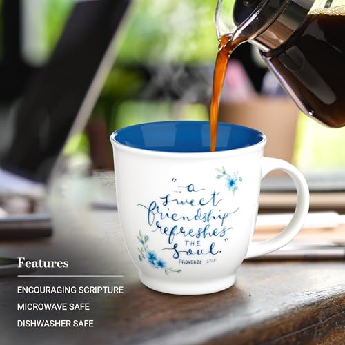 Christian Art Gifts Blue Floral Ceramic Coffee Mug – 14 oz. Microwave and Dishwasher-safe Inspirational Scripture Coffee and Tea Mug for Friends with Bible Verse: A Sweet Friendship – Proverbs 27:9 - color: Blue/Sweet Friendship
