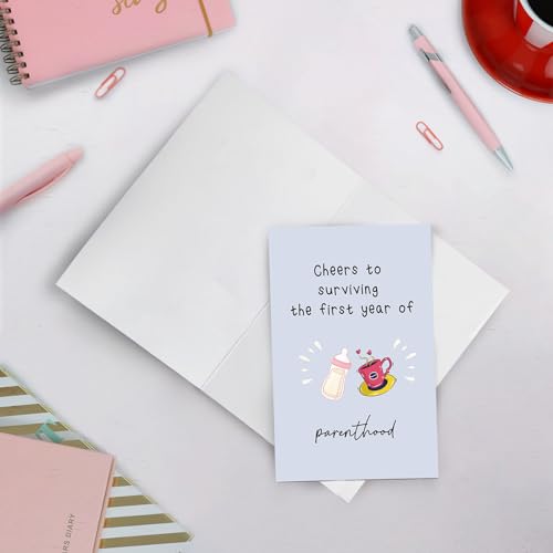 Funny Baby 1st Birthday Card - Celebrating Parenthood & Surviving the First Year - color: #99