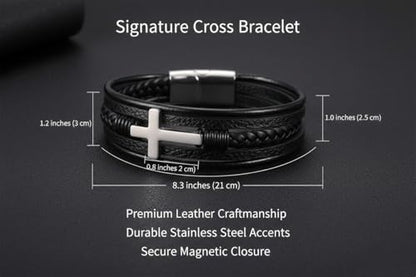 Stainless Steel Braided Leather Bracelet for Men Cuff Bangle Cross - color: 1-silver