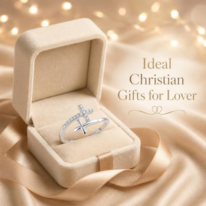 Cross Rings 925 Sterling Silver for Women Christian Religious Jewelry Faith Gifts for Mom Wife Girlfriend Her - color: White-7