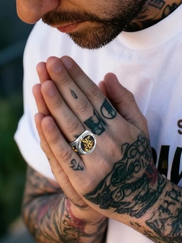 Saints Michael Ring for Men, 18K Gold Plated/Black Metal, St. Michael San Miguel The Great Protector Archangel Defeating Satan Figurine Stainless Steel Amulet Rings, Size 7-14, Send Gift Box - color: F-Black&Gold Plated