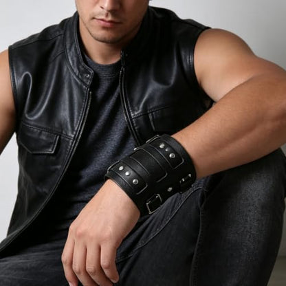 HZMAN Men's Alloy Genuine Leather Bracelet Bangle Cuff Adjustable - color: Black