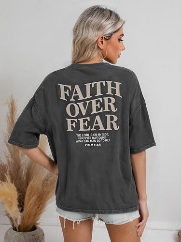 Faith Over Fear Shirt for Women Graphic Shirts Oversized Graphic Christian Tshirts Tees Tops - color: Gray, size: Large