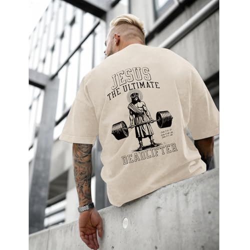 Mens Oversized Christian Shirts Jesus Faith Shirt Funny Gym Graphic Tees God Religious Bible Verse Acid Wash Tshirts - color: Apricot, size: Medium