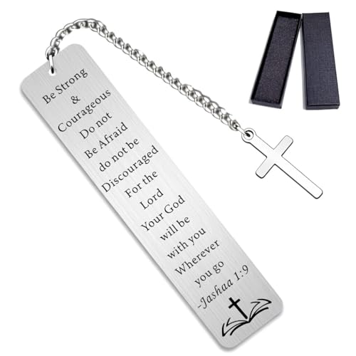 Christian Bible Bookmark with Cross Charm - Joshua 1:9 "Be Strong & Courageous Bible Verse Gifts for Women Men - Stainless Steel Religious Gift with Box for Baptism, First Communion, Graduation - style: BM029 Bible Joshua 1:9