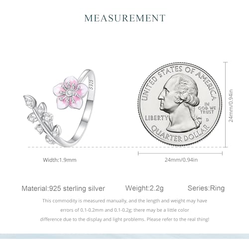 925 Sterling Silver Adjustable Open Ring for Women Trendy Jewelry Gift - color: Pink flowers