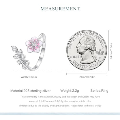 925 Sterling Silver Adjustable Open Ring for Women Trendy Jewelry Gift - color: Pink flowers