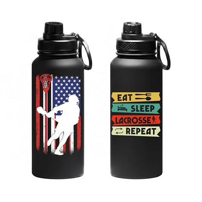 Lacrosse Water Bottle 32oz, Funny Lacrosse Gifts Eat Sleep Lacrosse Repeat, Gifts for Lacrosse Players, Sports Water Bottle for Men Women Boys Girls, Insulated Gym Bottle - color: Lacrosse