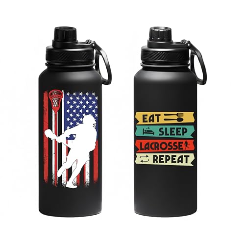 Lacrosse Water Bottle 32oz, Funny Lacrosse Gifts Eat Sleep Lacrosse Repeat, Gifts for Lacrosse Players, Sports Water Bottle for Men Women Boys Girls, Insulated Gym Bottle - color: Lacrosse
