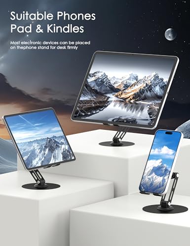 360° Rotating Cell Phone Stand for Desk, Adjustable Foldable Aluminum Phone Holder with Anti-Slip Base, Sturdy Desktop Stand Compatible with iPhone, iPad, Android Phones – Black - color: Black