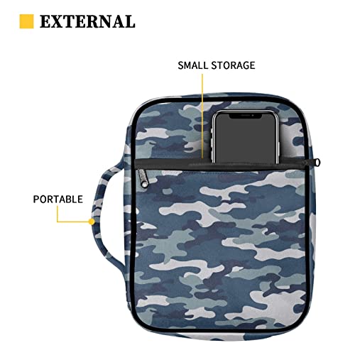 Coldinair Blue Camo Print Bible Cover for Men Women Teens,Carrying Book Case Church Bag Bible Protector with Handle and Zippered Pocket - color: Blue Camo