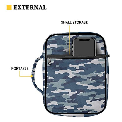 Coldinair Blue Camo Print Bible Cover for Men Women Teens,Carrying Book Case Church Bag Bible Protector with Handle and Zippered Pocket - color: Blue Camo
