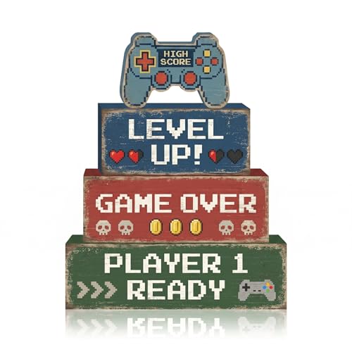 Britimes Tiered Tray Decor Set, 4 Pack, Wooden Table Sign, Video Game - style: Retro Gamer