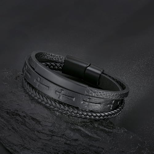 Mens Cuff Cross Bracelet Multi-Layer Braided Leather Cross Bracelet for Religious Bangle Wristband Faith Christian Jewelry for Men Teen - color: D.Black, size: 8.3in(21~21.5cm, Fits most wrists)