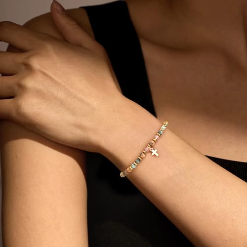 Btysun 𝑪𝒉𝒓𝒊𝒔𝒕𝒊𝒂𝒏 𝑮𝒊𝒇𝒕𝒔 𝒇𝒐𝒓 𝑻𝒆𝒆𝒏 𝑮𝒊𝒓𝒍𝒔, Religious Gifts for Women Stocking Stuffers Bead Bracelet with Cross Baptism Gift Jesus Bracelets Faith Comfirmation Gift Jewelry