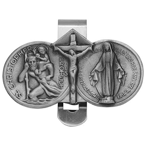 True Faith Jewelry Pewter Jesus Crucifix, Miraculous Mary and St Christopher Visor Clip for Car, Patron Saint of Travelers, Gift for New Driver, Fine Pewter (92% Tin), 1-3/8 x 2-3/8 Inch - size: Crucifix 1