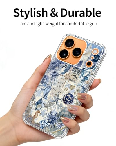 Blue Ocean Aesthetic Phone Case Compatible with iPhone 17 Pro Max, Summer Sea Animals Phone Cover for iPhone 17 Pro Max - color: Blue Coast