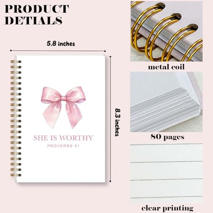 Pink Bow Notebook for Woman, Christain Journal Gifts for Teen Girls, Cute Preppy Pink Bow Spiral Notebook for Bible Note Taking - 5.5×8.3 - A05 - style: Christian She is Worthy