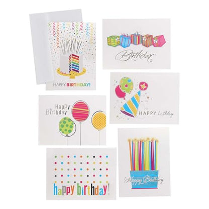 Masterpiece Silver Foil Colorful Happy Birthday Cards / 24 Birthday Cards With White Envelopes In Storage Box / Shiny Silver Foil Card Design Accents / 4 5/8" x 6 1/4" Folded Greeting Cards With Inside Verses / 6 Festive Modern Designs - color: Silver Foi