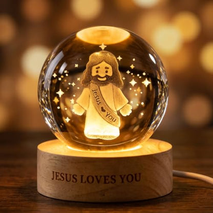 3D Jesus Loves You K9 Crystal Ball Night Light, LED Gift for Christians - size: 2.36 inches