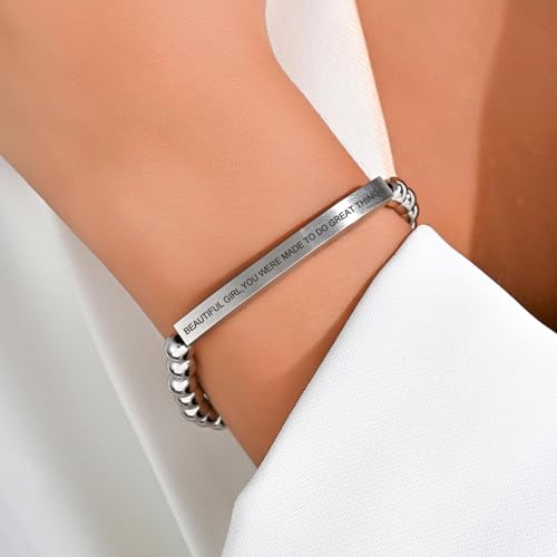 Inspirational Christian Bracelet for Women, Stainless Steel Beaded Cross Jewelry with Bible Verse, Religious Faith Gift for Mom, Daughter, Sister, Friend - color: BEAUTIFUL G,YOU WERE MADE TO DO GREAT THINGS-Silver Bead
