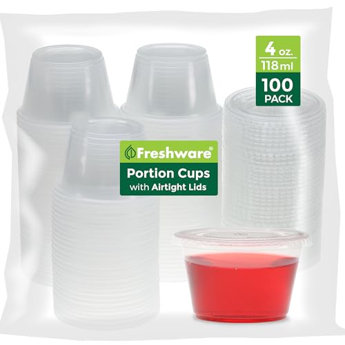 Freshware Plastic Portion Cups with Lids [4-Ounce, 100 Sets] - Souffle, Sampling, Sauce, Snack, Dressing, Jello Shot Cups, Plastic Containers, BPA Free - size: 4 oz - 100 sets