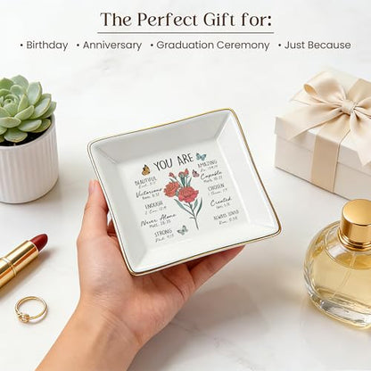 Birthday Gifts for Women, Carnation Scripture Jewelry Dish, Christian Gift - style: Carnation: Love, Fascination, Distinction(January Birth Flower)