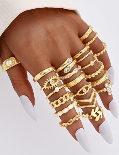 Gold Stackable Rings Set for Women, Gold Plated Chunky Crystal Finger Rings - color: Gold Eye