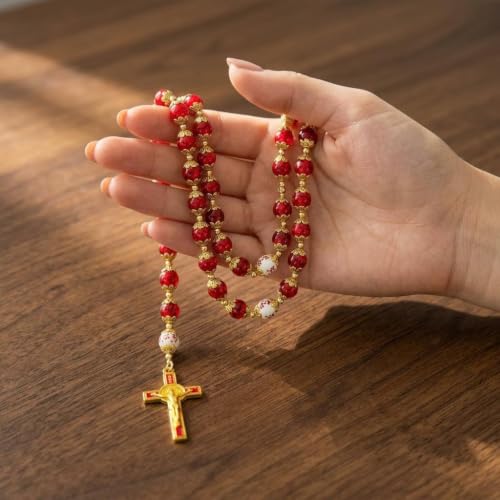 Nazareth Store Saint Benedict 10mm Glass Rosary Beads Catholic Necklace Flowers Mystery Bead Miraculous Medal Locket Cross Prayer Rosarios Catolicos - color: Red