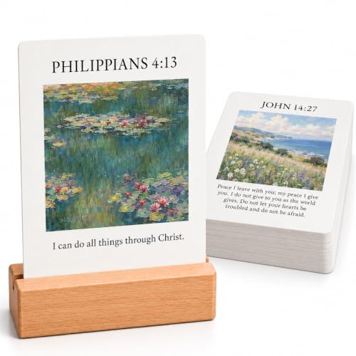 Bible Verse Cards with Wood Stand, 48 Prayer Cards for Daily Display - color: Watercolor 02