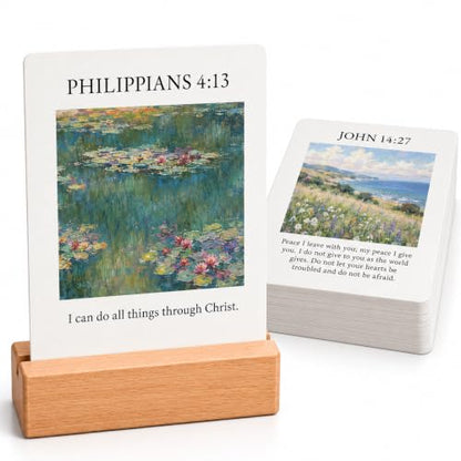 Bible Verse Cards with Wood Stand, 48 Prayer Cards for Daily Display - color: Watercolor 02