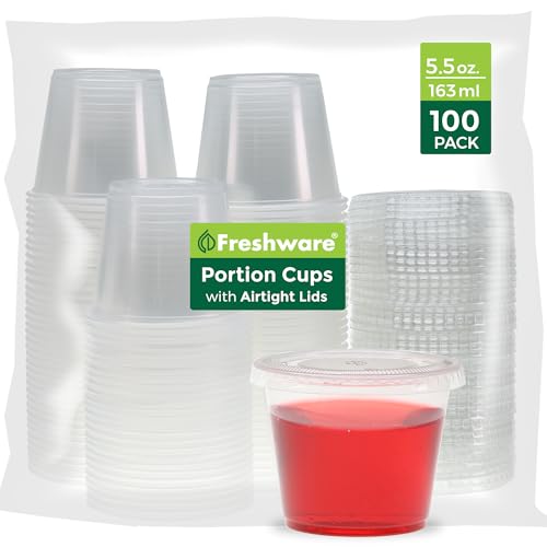 Freshware Plastic Portion Cups with Lids [5.5 Ounce, 100 Sets] Souffle Cups, Jello Shot Cups, Condiment Sauce Containers For Sampling, Sauce, Snack or Dressing - size: 5.5 oz - 100 sets