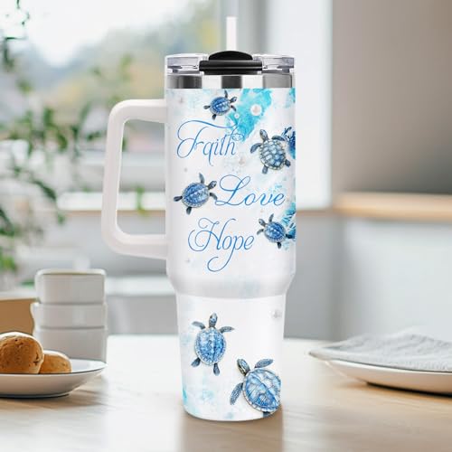 Christian Gifts for Women, 40oz Sea Turtle Tumbler with Straw Handle, Religion Faith Love Hope Stainless Steel Insulated Travel Mug Beverage Cups Present for Get Well Soon Birthday Spiritual Comfort - color: Sea Turtle-D-505-X