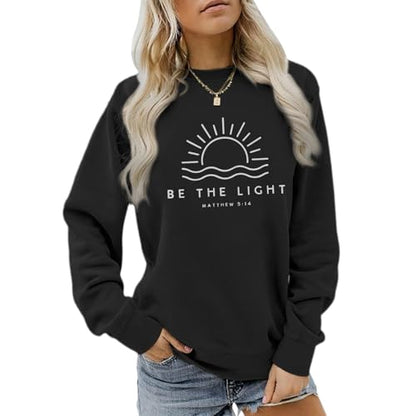 Sulayesh Christian Be The Light Sweatshirts for Women Religious Faith Jesus Bible Verse Graphic Shirts Loose Pullover Tops - color: Black, size: Small