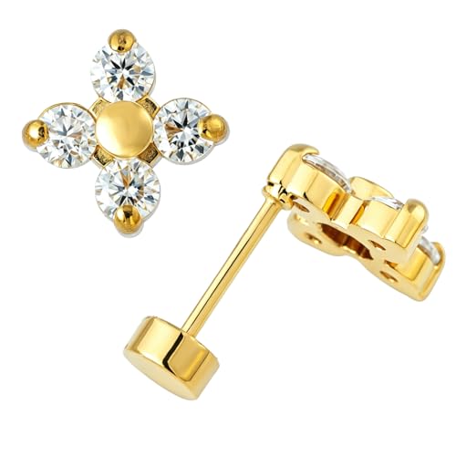 Small Moissanite Stud Earrings for Women, Stainless Steel Screw-Back Plated in 18K Yellow Gold D VSS 1, Jewelry Gifts, 2 x 3mm stones and 0.1-0.72ct/pair - color: Gold Clover