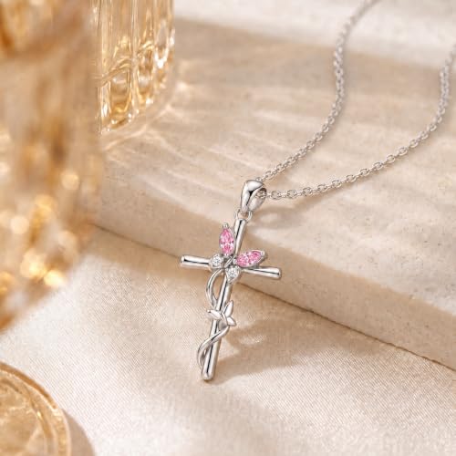 Distance Cross Necklace for Women 925 Sterling Silver Jewelry Pendant Necklace for Mom Wife Gift for Mother's Day or Birthday - style: 10-Pink