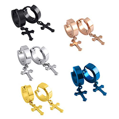 Men Women Stainless Steel Cross Earrings Set Dangle Hinged Earrings of Dangle Hinged Earrings Cross hoop Earrings - color: 5 Pairs Cross Earrings (Black+Silver+Gold+Rose god+blue) Korean style
