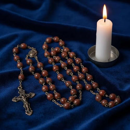 Nazareth Store Natural Stone Beads 8mm Rosary Necklace Antique Copper Design Holy Soil Medal & Cross in Velvet Bag - Catholic Rosaries Terra Santa Jerusalem Collection - color: Red Carnelian