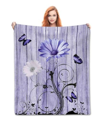 Daisy Throw Blanket, Rustic Purple Daisy Butterfly Flannel Blanket 40"×50" - color: Daisy 03, size: 40x50 inch