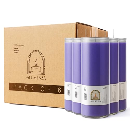 6pk Purple Morado 90hr | 7-Day Prayer Candles - Glass Jar Veladoras, Unscented Paraffin Wax | Spiritual Power Justice Novena - Catholic Hispanic Church Altar, Memorial Vigil, Wisdom Authority - color: Purple