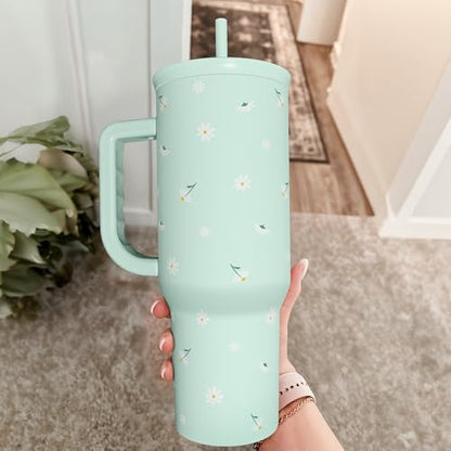 Daisy 40oz Tumbler with Handle and Straw – Flower Insulated Stainless Steel Travel Coffee Mug for Women Girls - Gift Idea for Birthday Christmas Mothers Day - color: Daisy