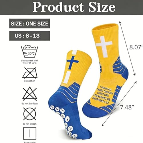 3 Pair Christian Cross Grip Soccer Socks - Moisture-Wicking Anti-Slip Grips Sports Sock with Bible for US 6-13 - color: Yellow