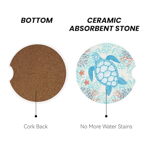 Sea Turtle Ocean Car Coasters for Cup Holder - Absorbent Ceramic 2 Pack With Anti-Slip Cork Base and Finger Notch - Interior Accessories for Women Men 2.56" - color: Sea Turtle Ocean