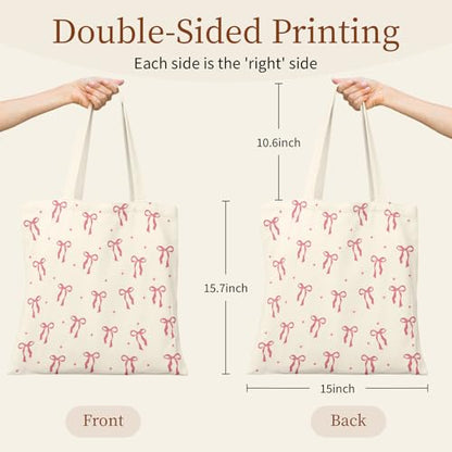Canvas Tote Bag for Women with Zipper Cute - color: Pink Bow