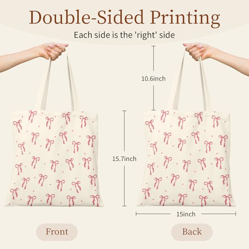 Canvas Tote Bag for Women with Zipper Cute - color: Pink Bow